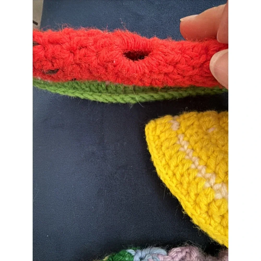 Vtg Lot Of 3 Handmade Crocheted Watermelon, Lemon, Rainbow Potholders 7